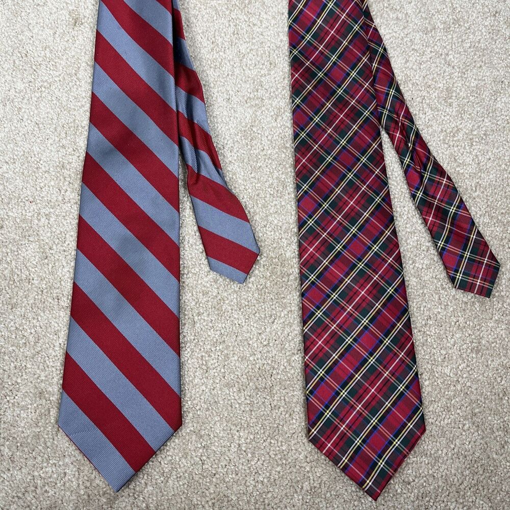 2 Jos A Bank Men's Silk Neckties - Executive Tartan Plaid & Red Repp Stripe 3.5”